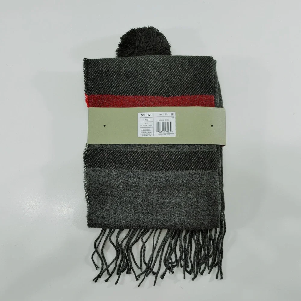 Goodfellow Co‎ Mens Knit Beanie Hat and Scarf Set Black Red Stripe Pom Pom